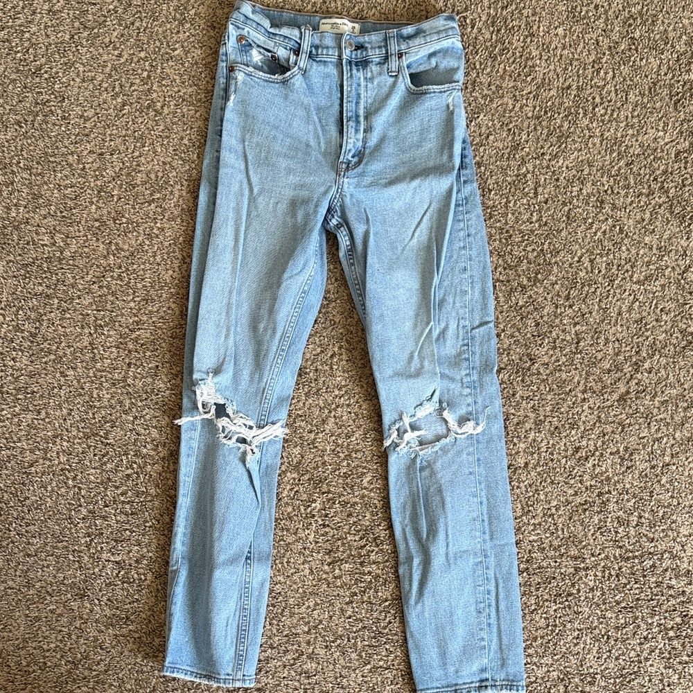 Abercrombie & Fitch Light Blue Ripped High Rise Mom Jeans